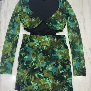 PrettyLittleThing Green & Teal Marble Cutout Long Sleeve Bodycon Dress